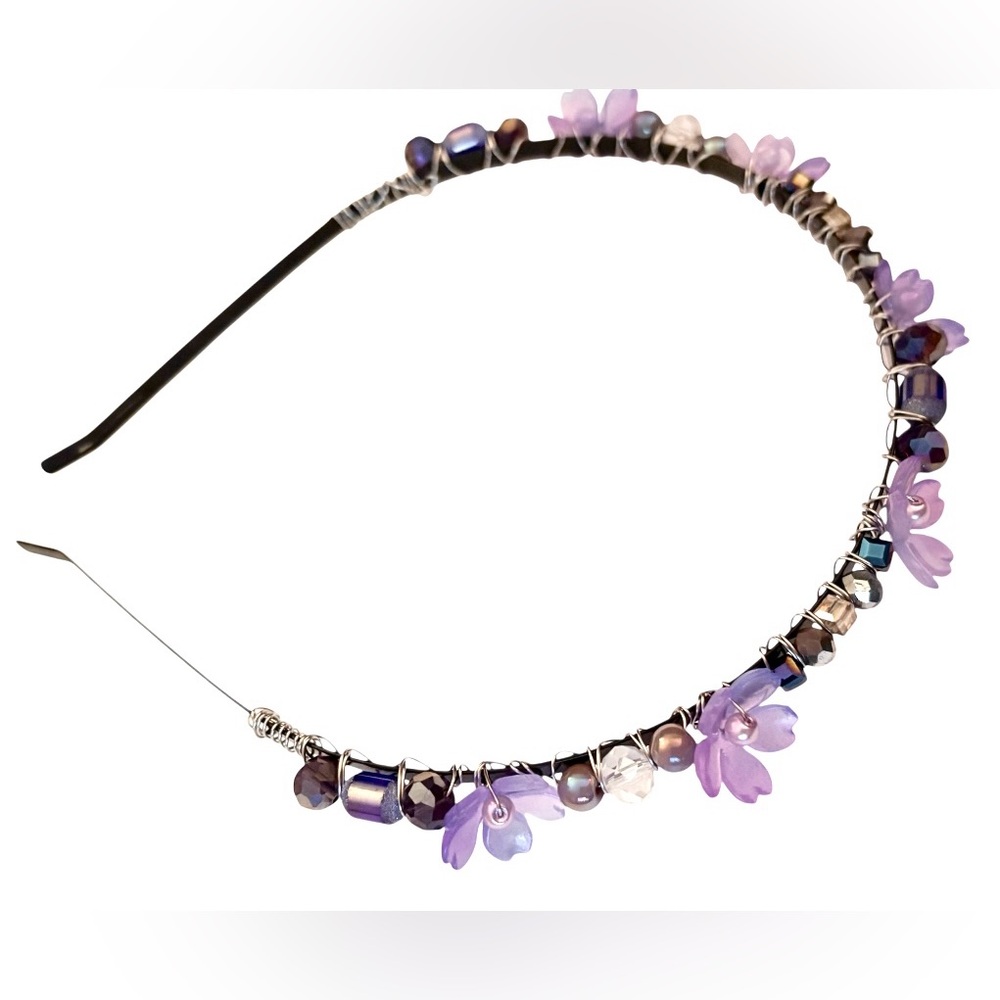 Fairy Headband with Lucite Flowers and Crystals Hand Wired onto Black Headband - Picture 5 of 6